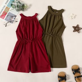 Kid Girl Solid Color Bowknot Design Halter Rompers Jumpsuits Shorts