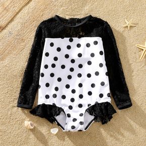 Toddler Girl Polka dots Lace Design Long-sleeve Onepiece Swimsuit