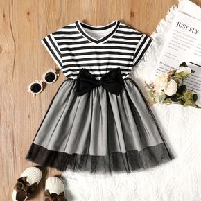 Toddler Girl Bowknot Decor Stripe Mesh Design Splice Short-sleeve Dress