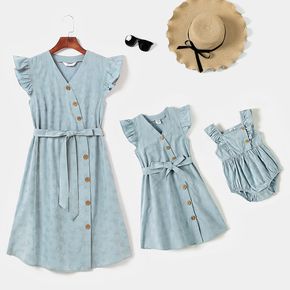 Blue Butterfly Textured Button Front V Neck Flutter-sleeve Dress for Mom and Me