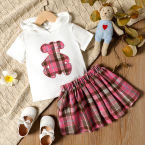2-piece Toddler Girl Bear Embroidered Hooded White Tee and Pink Plaid Skirt Set
