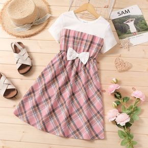 Kid Girl Pink Plaid Splice Bowknot Design Short-sleeve Dress