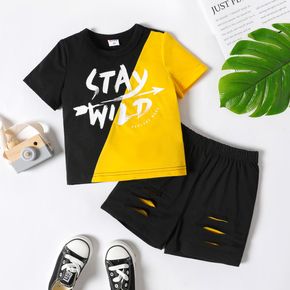 2-piece Toddler Boy Letter Print Colorblock Tee and Elasticized Ripped Shorts Set