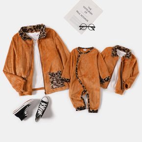 Leopard Lapel Brown Thickened Fleece Long-sleeve Zip Outwear for Mom and Me