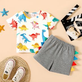 2pcs Toddler Boy Dino Allover Short-sleeve White T-shirt Top and Colorful 3D Serrtion Decor Grey Shorts Toddler Set