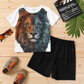 2-piece Kid Boy Animal Lion Print Tee and Elasticized Black Shorts Set