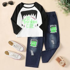 2-piece Kid Boy Letter So Franken Cute Print Long Raglan Sleeve Tee and Patchwork Cartoon Denim Jeans Set