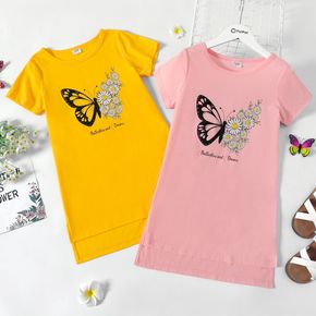 Kid Girl Butterfly Floral Print Short-sleeve Side Slit High Low Dress