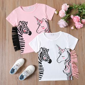Kid Girl Unicorn Zebra Print Tassel Design Short-sleeve Tee