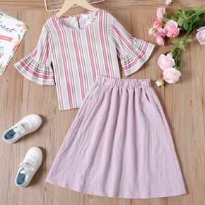 2-piece Kid Girl Colorful Stripe Long Bell sleeves Tee and Elasticized Skirt Set