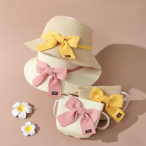 set di cappelli a secchiello di paglia e borsa di paglia per bambina / bambino con fiocco stringato per ragazze