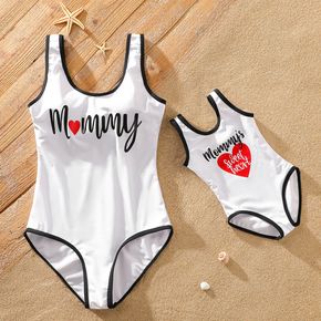 Mother's Day Love Heart and Letter Print White One-piece Tank Swimsuit for Mom and Me