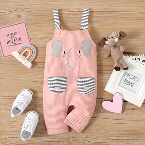 Baby Girl Cartoon Elephant Embroidered Stripe Splicing Pink Ribbed Overalls