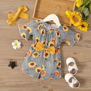 2pcs Baby Girl Sunflowers Floral Print Striped Short Bell Sleeve Bowknot Romper with Headband Set