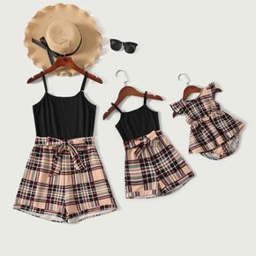 Black Ribbed Splicing Plaid Belted Spaghetti Strap Romper for Mom and Me