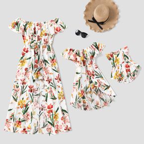 All Over Floral Print Off Shoulder Sleeveless Ruffle Skirted Romper Shorts for Mom and Me