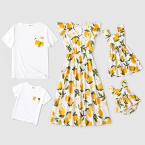 Family Matching All Over Yellow Lemon Print V Neck Flutter-sleeve Dresses and Short-sleeve T-shirts Sets