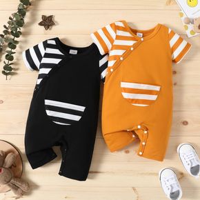 Baby Boy Striped Splice Short-sleeve Snap Jumpsuit with Pocket