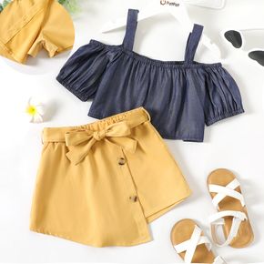 2-piece Kid Girl Off Shoulder Short-sleeve Strap Denim Tee and Button Design Irregular Belted Skirt Set