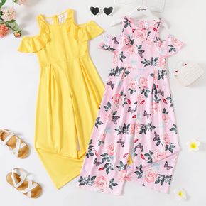 Kid Girl Cold Shoulder Butterfly Floral Print/Yellow Short-sleeve Jumpsuits