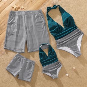 Family Matching Striped Swim Trunks Shorts and Halter Neck Splicing Ruched One-Piece Swimsuit