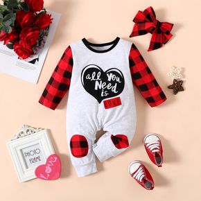 Valentine's Day 100% Cotton 2pcs Baby Boy/Girl Letter Print Red Plaid Long-sleeve Jumpsuit with Headband Set