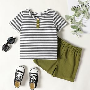 2-piece Toddler Boy Stripe Botton Design Short-sleeve Tee and Elasticized Army Green Shorts Set