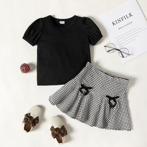 2-piece Toddler Girl Puff-sleeve Black Tee and Bowknot Design Plaid Skirt Set