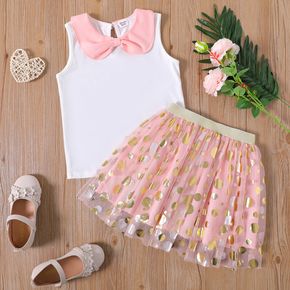 2-piece Kid Girl Bowknot Design Collar Sleeveless White Tee and Polka dots Mesh Pink Skirt Set