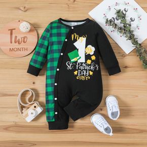 St. Patrick's Day Baby Boy Four-leaf Clover and Letter Print Plaid Splicing Long-sleeve Snap Jumpsuit