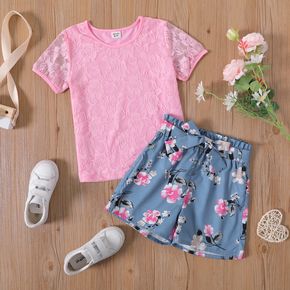 2-piece Kid Girl Floral Lace Design Pink Tee and Floral Print Belted Paperbag Shorts Set