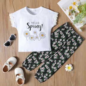 2-piece Toddler Girl Floral Letter Print White Tee and Elasticized Pants Set