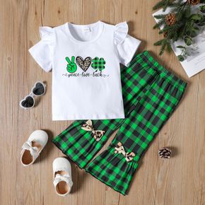 St. Patrick's Day 2-piece Toddler Girl Letter Lucky Clover Print Ruffled Short-sleeve White Tee and Bowknot Design Green Plaid Flared Pants Set