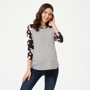 Maternity Contrast Stripe and Floral 3/4 Sleeve T-shirt