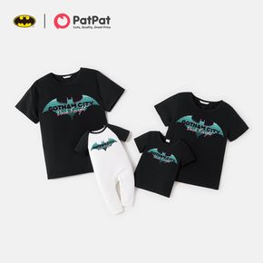 Batman-Familie, passende Fledermaus- und Buchstabendrucke, schwarze Kurzarm-Baumwoll-T-Shirts