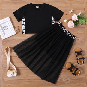 2-piece Kid Girl Letter Print Black Crop Tee and Mesh Design Skirt Set