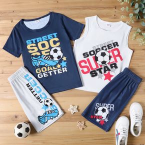 2-piece Kid Boy Letter Soccer Print Top and Elasticized Shorts Sporty Set