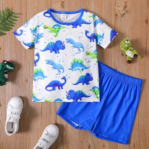 2-piece Kid Boy Dinosaur Print Tee and Elasticized Blue Shorts Pajamas Set (Flame retardant fabric)