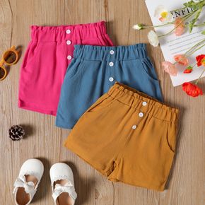 Toddler Girl Button Design Solid Color Paperbag Shorts