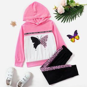 2-piece Kid Girl Butterfly Print Colorblock Hoodie Sweatshirt and Leopard Print Elasticized Pants Set