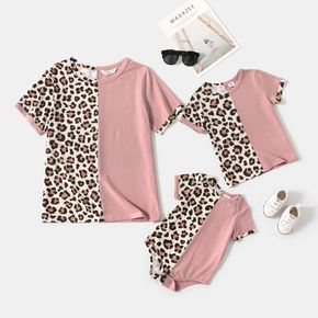 Leopard Splicing Pink Round Neck Short-sleeve T-shirts for Mom and Me