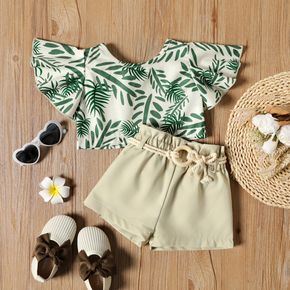 2-piece Toddler Girl Leaf Print Back Button Design Ruffle-sleeve Tee and Belted Paperbag Shorts Set