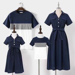 Family Matching 100% Cotton V-neck Solid Short-sleeve Dresses  and Splice Shirts Sets