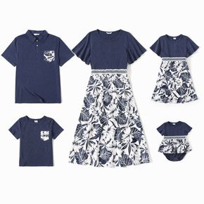 Family Matching Solid Ruffle Short-sleeve Splicing Plant Print Dresses and Polo Shirts Sets