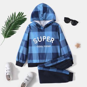 2-piece Kid Boy Letter Print Plaid Hoodie Sweatshirt and Elasticized Pants Set