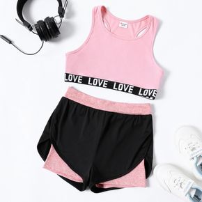 2-piece Kid Girl Letter Print Tank Top and Faux-two Shorts Sporty Yoga Set