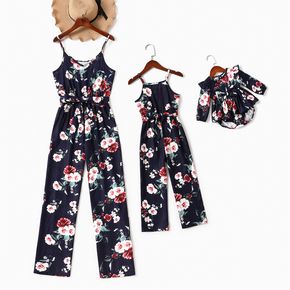 All Over Floral Print Blue V Neck Sleeveless Cami Jumpsuit for Mom and Me