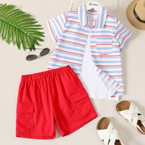 2-piece Kid Boy Stripe Lapel Collar Short-sleeve Shirt and Pocket Design Red Shorts Set