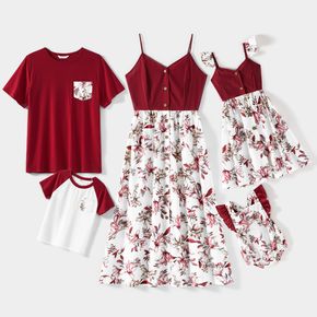 Conjuntos de camisetas de manga corta y vestidos con estampado floral de empalme con tirantes de espagueti abotonados con cuello en v sólido a juego para la familia