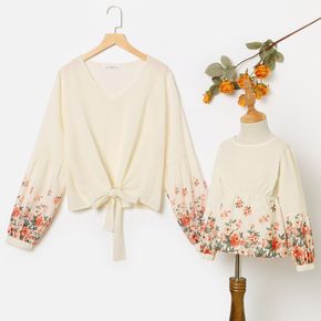 Floral Print Long-sleeve Self Tie Tops for Mom and Me